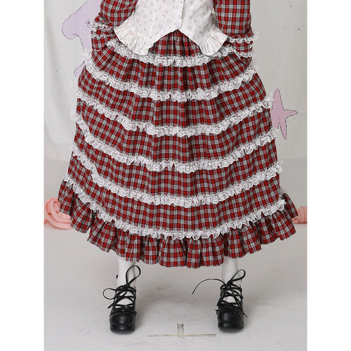 原创日系圣诞红格子少女半身裙