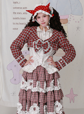 MEME原创 日系昭和复古圣诞红格小众上衣 可爱少女蝴蝶结长袖外套