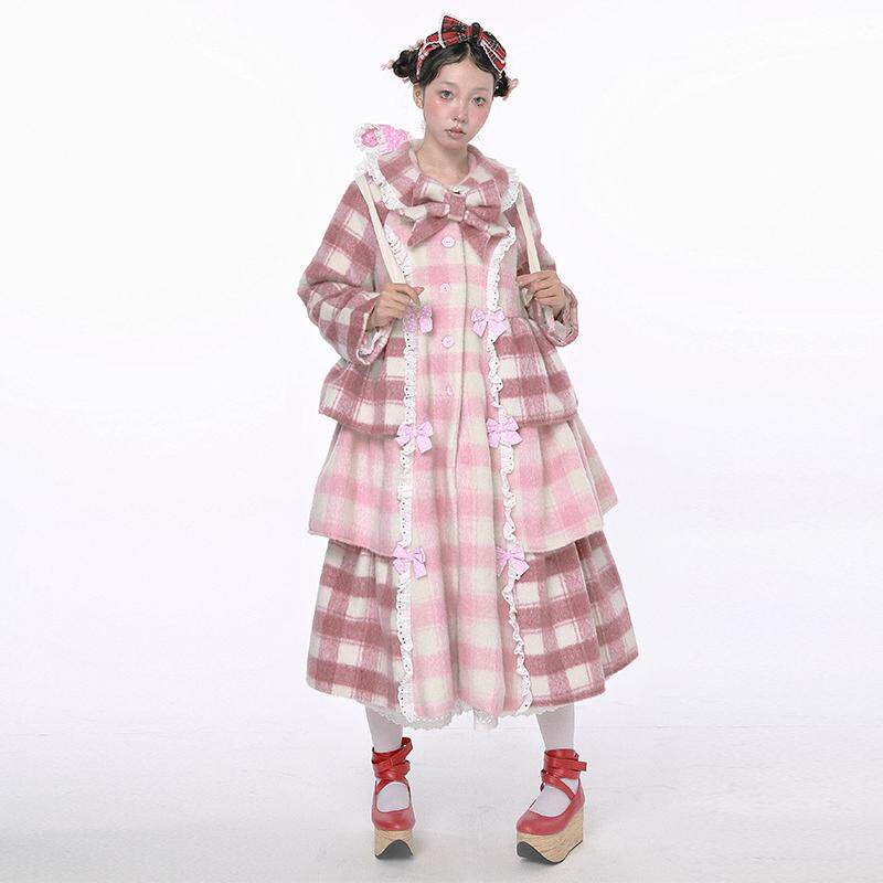 原创粉色格子拼接加厚毛呢外套