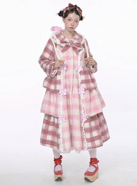 MEME原创设计 古早日系粉色格子大衣 可爱甜美秋冬少女外套裙子