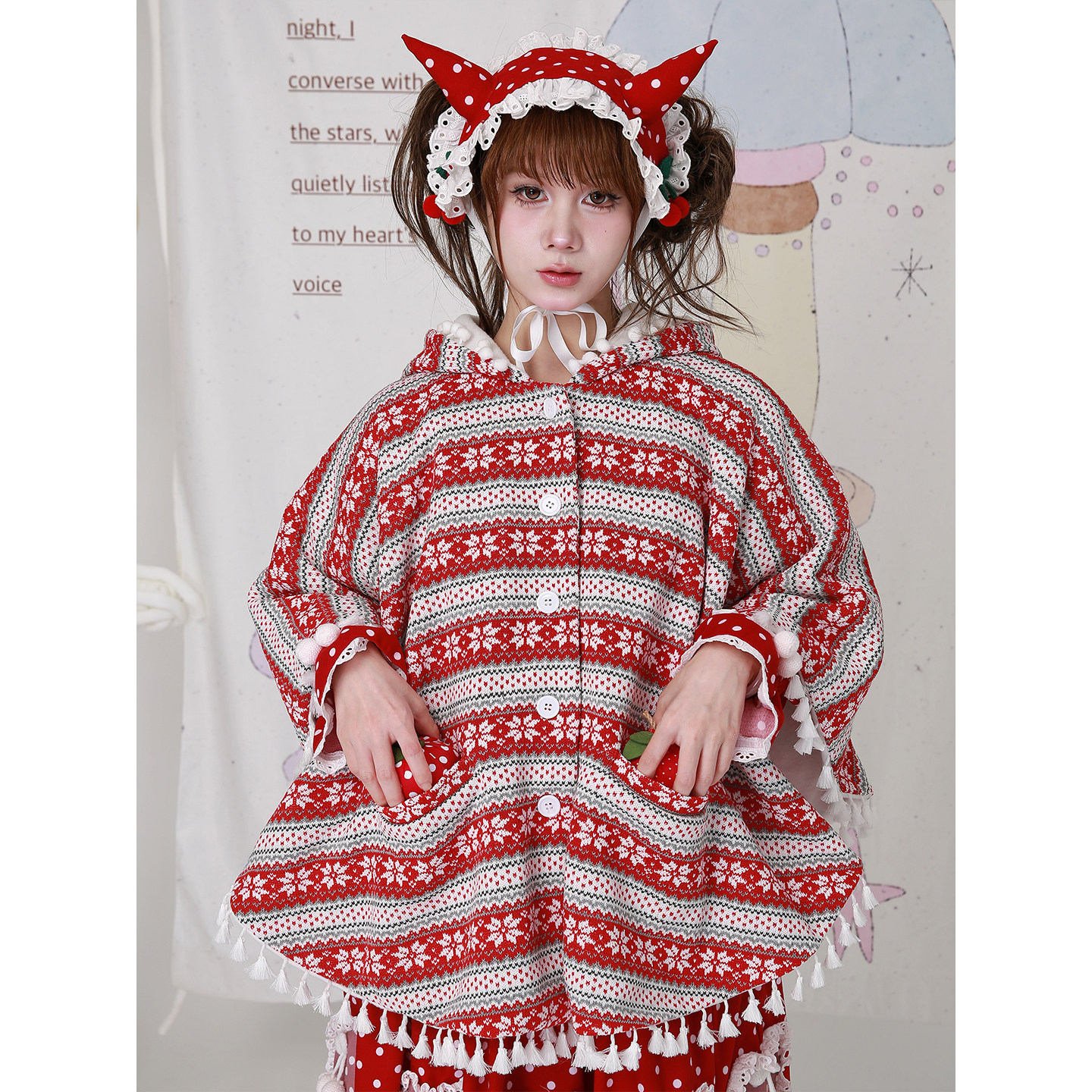 原创圣诞红色针织毛衣斗篷外套