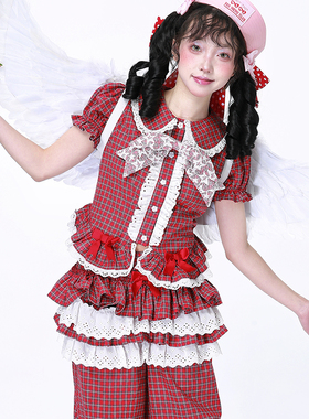 MEME原创 昭和复古甜美可爱小众衬衫  Lolita红格子短袖上衣夏季