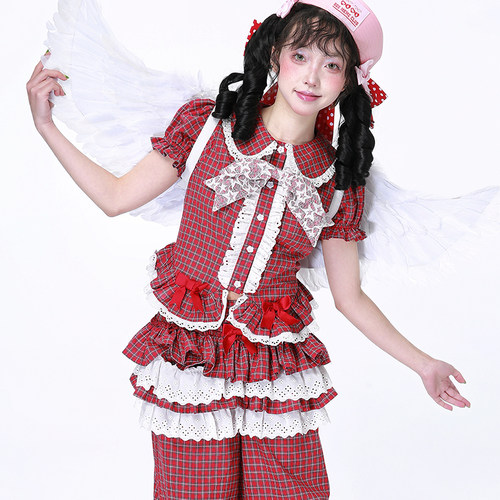 原创设计红格子古早可爱少女衬衫