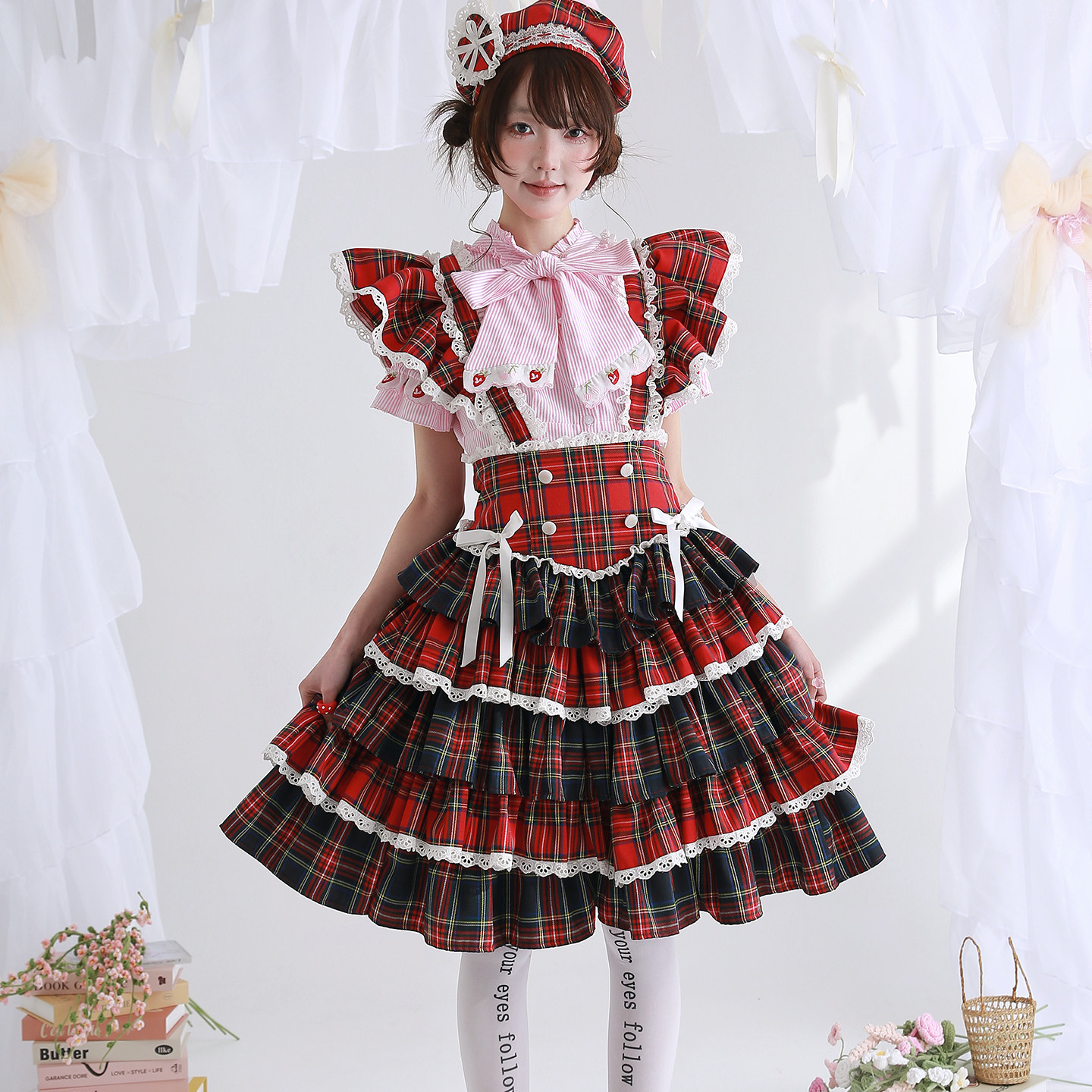 MEME原创 日系昭和复古红色背带裙可爱蓬蓬裙 古早Lolita小众裙子