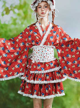 MEME原创日系昭和复古红色童趣改良和服浴衣可爱小众设计少女上衣