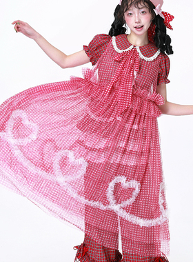 MEME原创设计日系昭和复古网纱罩裙古早少女可爱红格子小众连衣裙