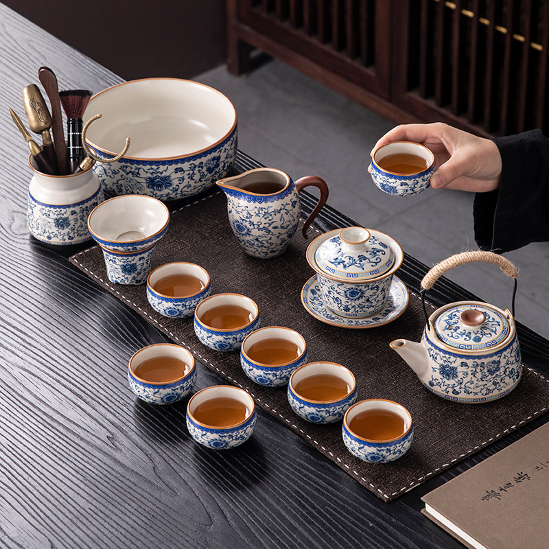 汝窑繁花功夫茶具套装家用中式陶瓷茶壶茶杯整套茶具礼盒装送礼