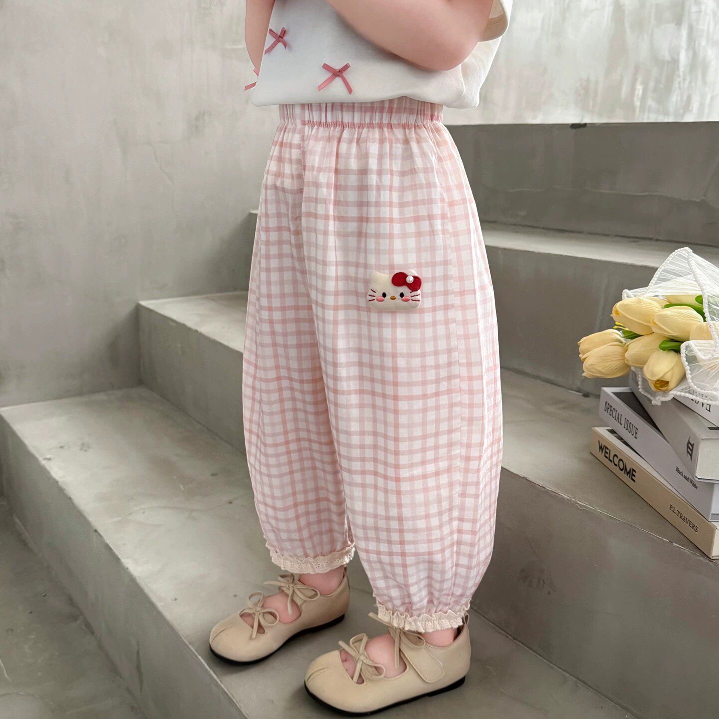 女童夏装防蚊裤2026新款宝宝卡通kt猫格子休闲裤儿童夏季薄款长裤