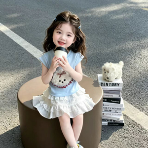 现货童装女童短袖t恤2026新款宝宝夏装超好看可爱纯棉蓝色上衣潮