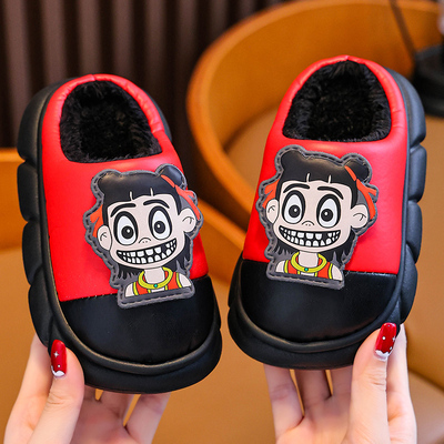 哪吒儿童棉拖鞋男童室内防滑pu皮面防水宝宝棉拖鞋秋冬季敖丙男孩