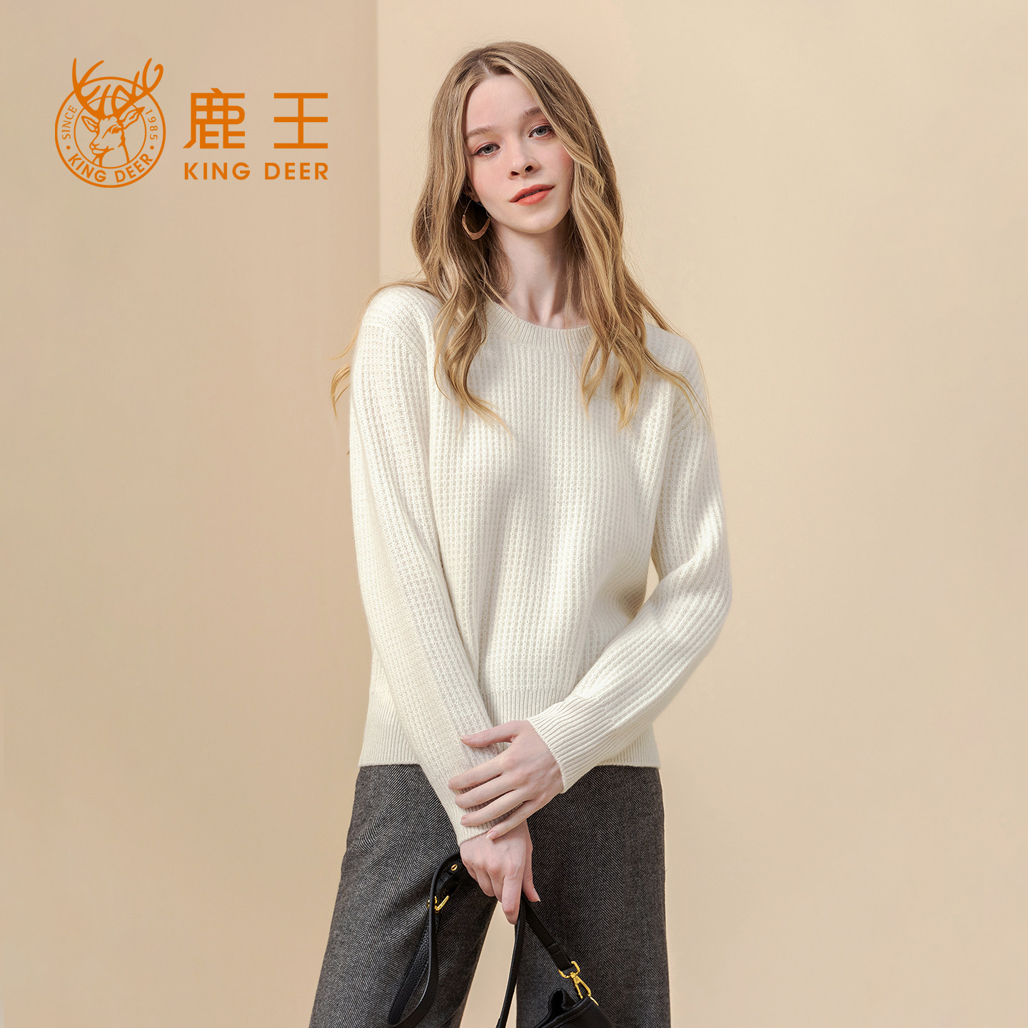 鹿王100%纯羊绒女圆领套头毛衣