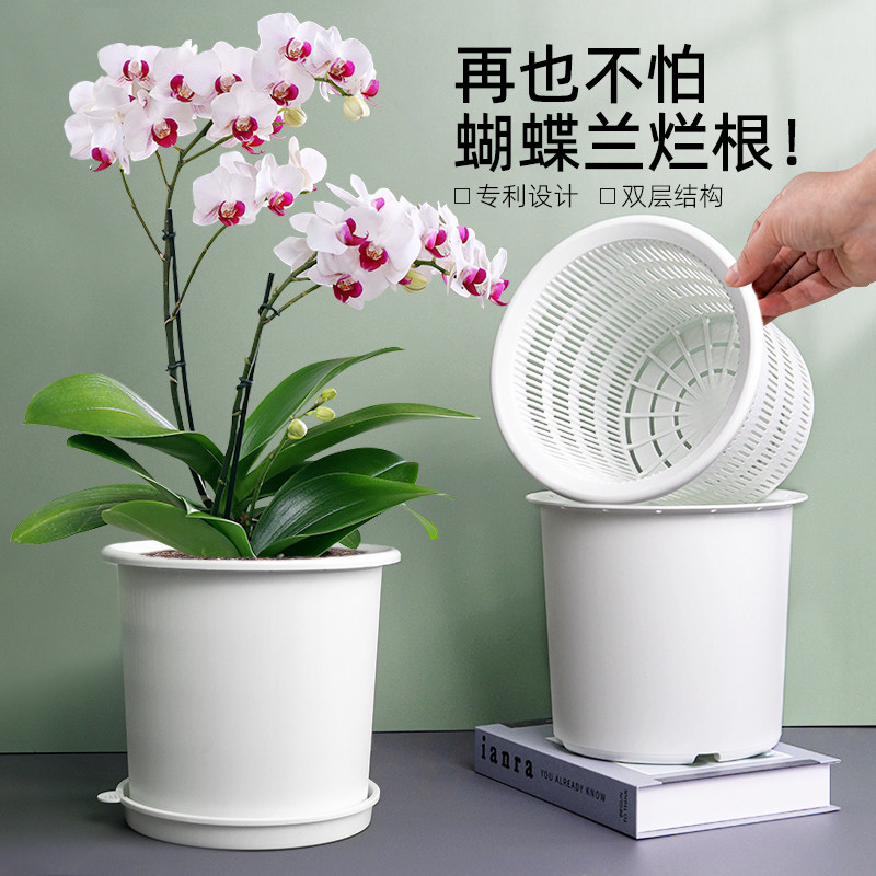 美莳双层蝴蝶兰专用花盆树脂透气塑料石斛仿陶瓷大号控根盆栽套盆