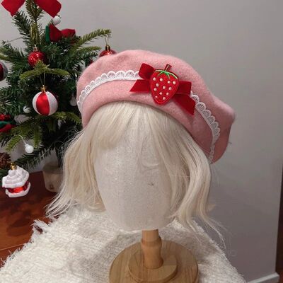 1Pc Vintage Strawberry Decorative Beret , Suitable for Daily