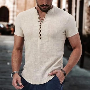 Mens Linen Shirt Plain V-Neck Summer Casual Shirts Men 衬衫