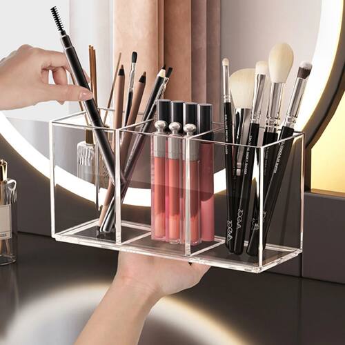 Transparent Acrylic Makeup Brush Storage Bucket, Divided Int