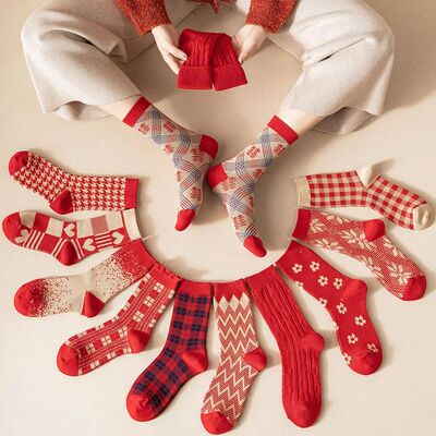 5 Pairs Winter Socks Women Red Socks New Year Cotton Comfort