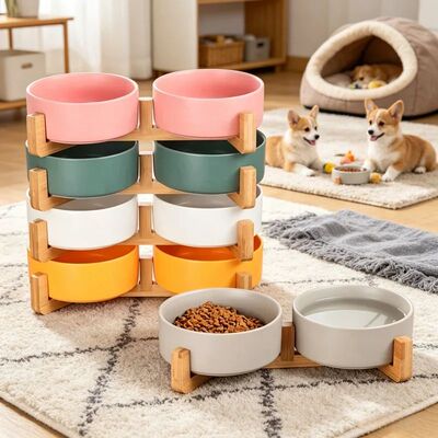 Ceramic Double Pet Bowl with Wood Stand - No Spill Food & Wa