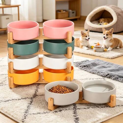 Ceramic Double Pet Bowl with Wood Stand - No Spill Food & Wa