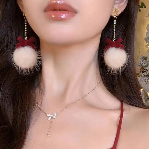 Pompom Ball Bowknot Snowflake Plush Earrings Christmas Sweet
