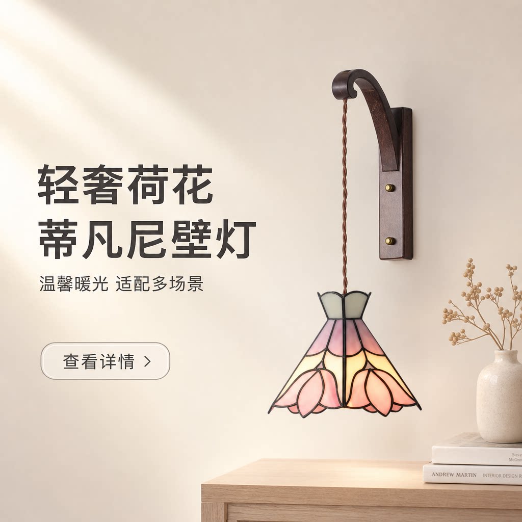 中古风花朵卧室壁灯法式实木复古怀旧胡桃色床头装饰氛围背景墙灯