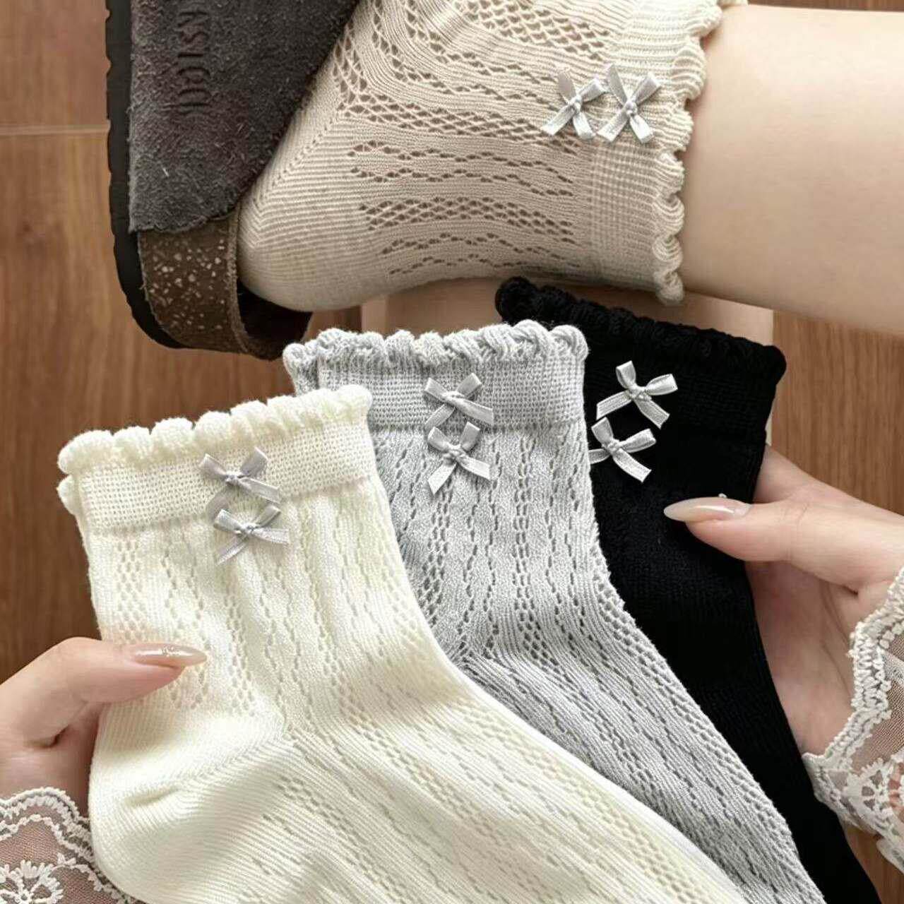 2026新款花边白色薄款夏季袜子女miu系芭蕾风蝴蝶结网眼透气短袜