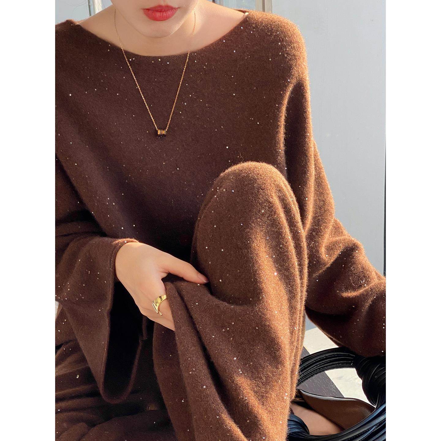 秋冬轻奢100%纯羊毛衫女圆领亮片针织毛衣宽松显瘦百搭阔腿裤套装,女装/女士精品,时尚套装,淘宝优惠券,粉丝福利购,淘宝优惠卷