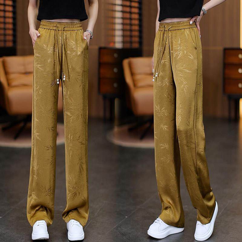 新中式提花高腰窄版阔腿裤女2025夏季新款设计感垂感冰丝直筒长裤,女装/女士精品,休闲裤,淘宝优惠券,粉丝福利购,淘宝优惠卷