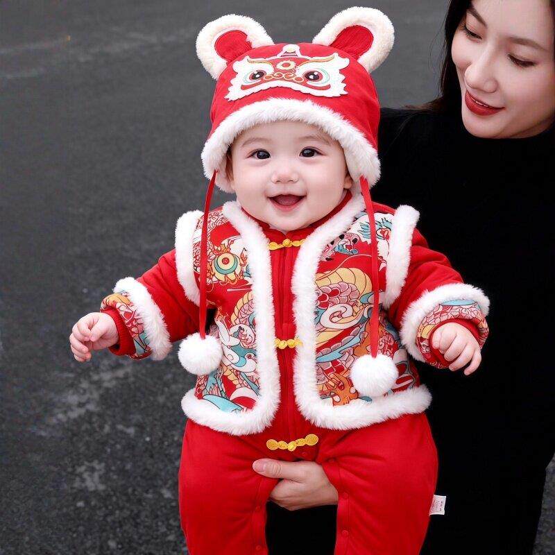 过年拜年服婴儿冬季加绒加厚连身衣宝宝红色喜庆新年服外出棉爬服
