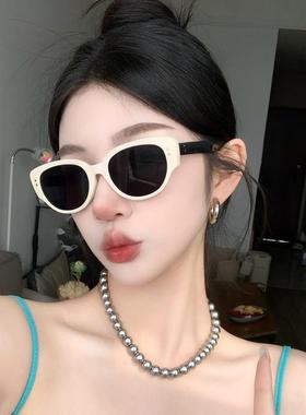 新款白色猫眼太阳眼镜女美式覆古辣妹网红2023眼镜抗UV近视太阳眼
