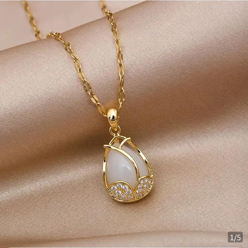 好沄多商城郁金香吊坠项链女猫眼石镶钻锁骨链轻奢小众淡金色配饰
