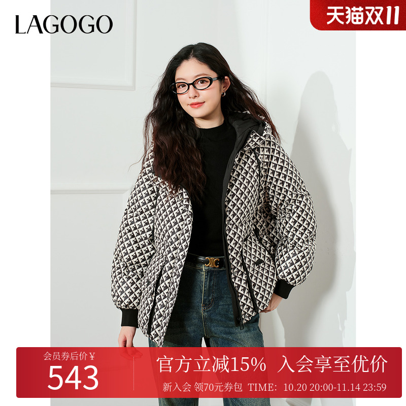 lagogo拉谷谷2024年新款印花连帽舒适保暖羽绒服女NCYY50XC56
