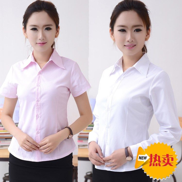 工装白衬衫女修身收腰V领隐条纹衬衣长袖职业装OL短袖工作服粉色|ruв категории Женская одежда, рубашка - от Buy2taobao.com для оказания профессиональной услуги покупки агента Taobao