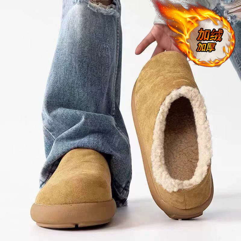 小土豆男士加绒加厚棉鞋平跟半包跟冬季居家保暖软底老钱风半托鞋