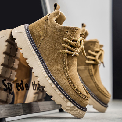 潮流休闲高帮鞋男透气真皮马丁靴男士复古系带厚底工装鞋男款皮靴