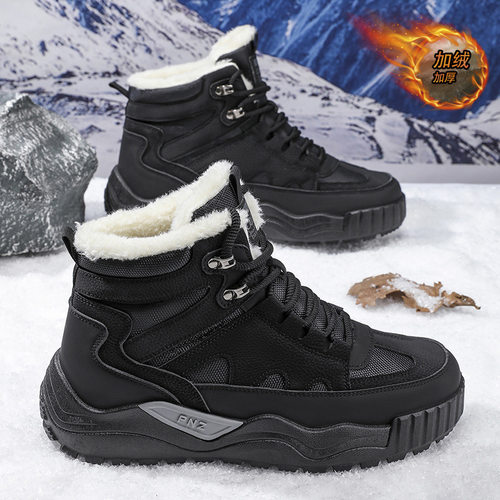 加绒雪地靴男鞋高帮工装鞋子男厚底加厚保暖棉鞋休闲短靴马丁靴男