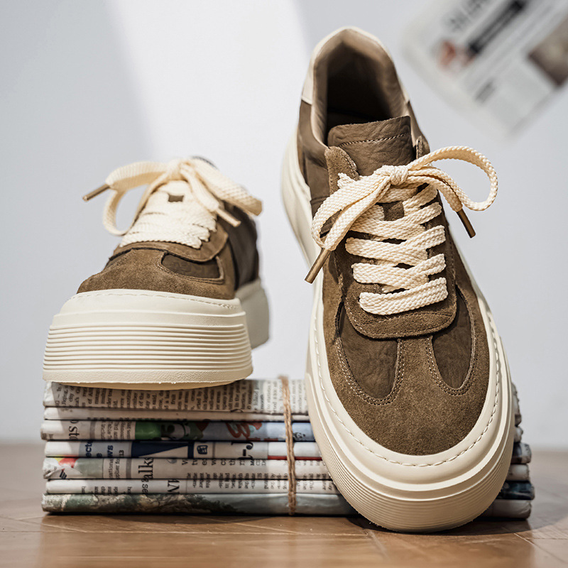 国潮男鞋秋季2025新款皮面休闲百搭板鞋厚底隐形内增高翻毛皮潮鞋