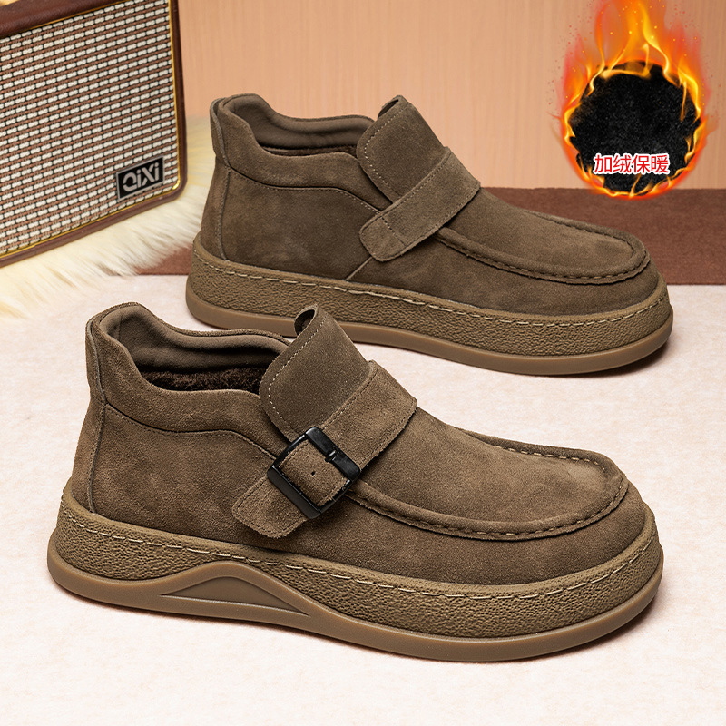 豆豆男鞋冬季翻毛皮休闲皮鞋一脚蹬懒人工作开车防滑复古勃肯皮鞋