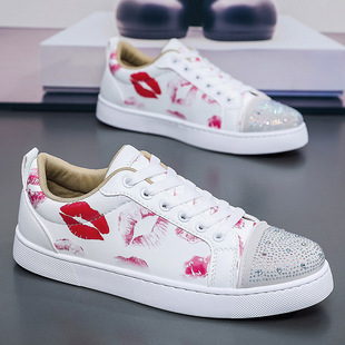 男士CL唇印吻痕红底休闲鞋精神社会烫钻板鞋时尚潮流男小白鞋夜店