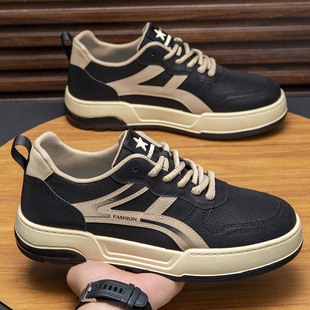 低帮系带厚底防滑舒适小白鞋 男鞋 透气皮面板鞋 条纹休闲运动鞋 时尚
