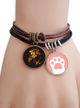 日本棕色花朵猫咪原创设计风手链