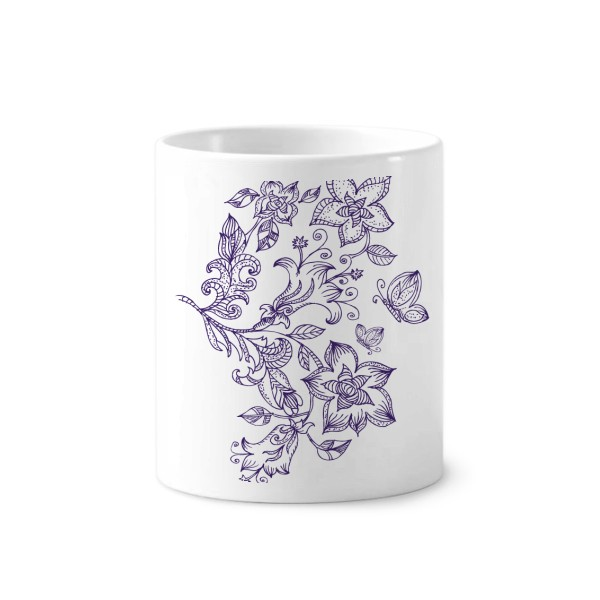 浅紫色花纹蝴蝶植物纹样陶瓷刷牙杯子笔筒白色马克杯礼物定制ins