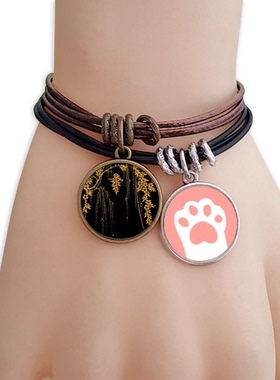 绘画日本黄色花朵黑棕手链对饰品猫咪礼物礼品原创设计