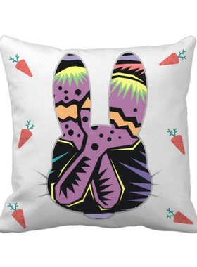 紫色球拍墨西哥文化版画兔子方形抱枕靠枕沙发靠垫双面含芯礼物定