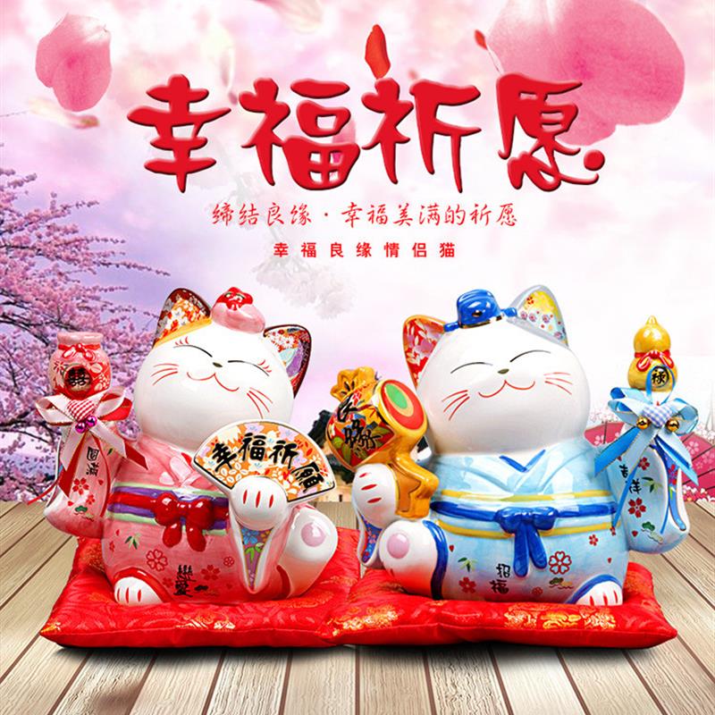 福緣貓 8寸幸福良緣夫妻貓?zhí)沾烧胸?cái)貓儲(chǔ)蓄罐婚慶禮品擺件情侶貓咪