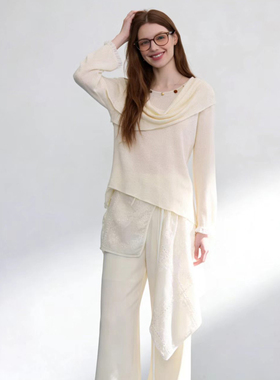 HUAAPPUW法式荡领披肩针织衫t恤2026春季新款纯色立体装饰上衣女