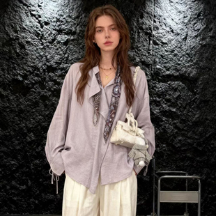 HUAAPPUW温柔风可拆卸丝巾淡紫色衬衫2025秋冬新款慵懒宽松上衣女