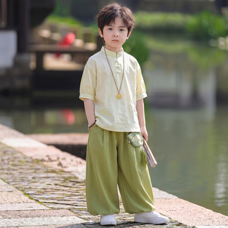 男童新中式套装夏季薄款儿童国风短袖两件套小少爷夏装唐装两件套