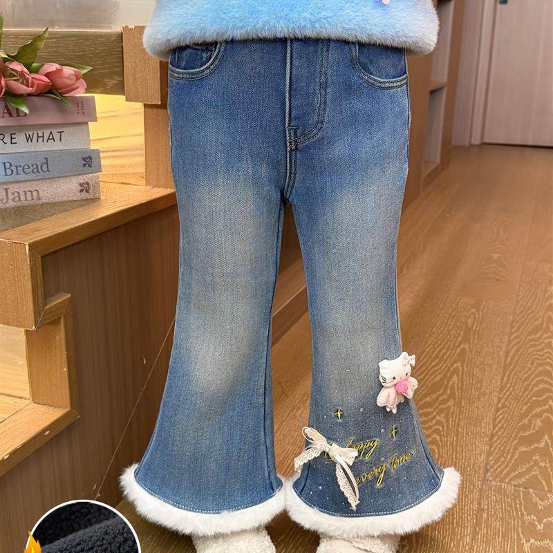 女童加绒牛仔喇叭裤秋冬季2025新款洋气女宝宝超好看冬装加厚裤子