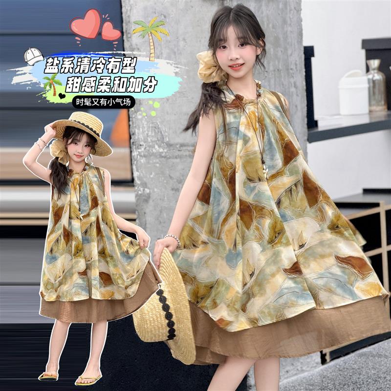 女童夏季连衣裙2026新款雪纺油画田园风碎花甜美公主裙中长裙夏款