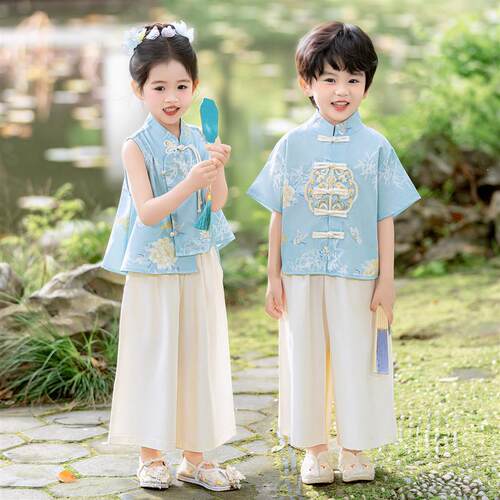 幼儿园国风汉服古装新中式唐装六一表演服男小学生古诗词朗诵服装